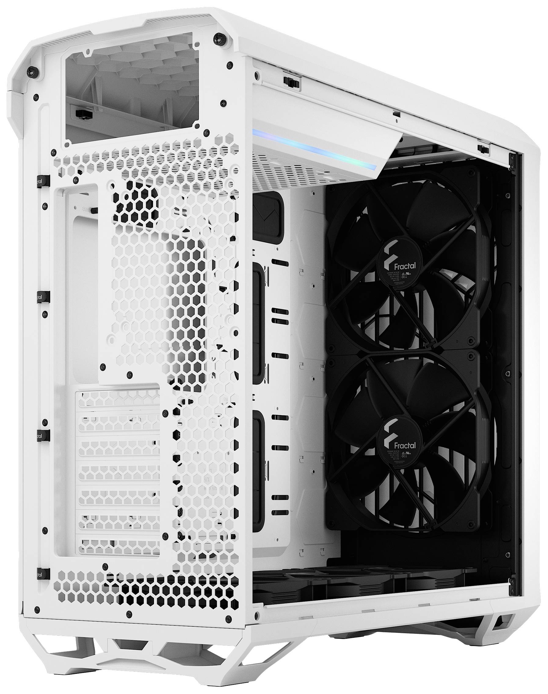 Biele počítačové púzdro otvorené z boku, so zadnými ventilátormi a vetraciou mriežkou v tvare honeycomb.