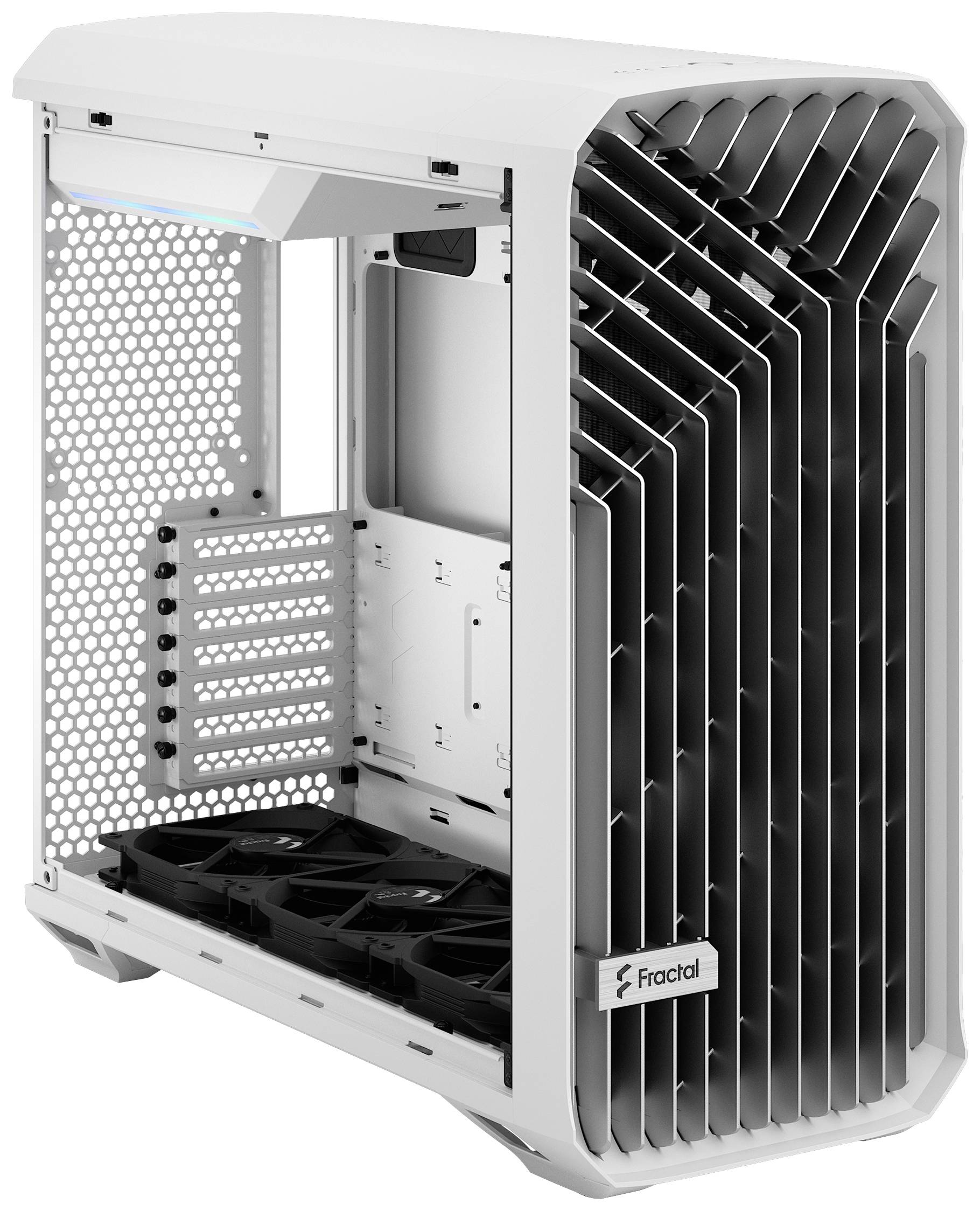 Biele počítačové púzdro s otvoreným vnútrom odhaľuje ventilátory na spodnej strane a nápadný, mriežkový dizajn prednej strany.