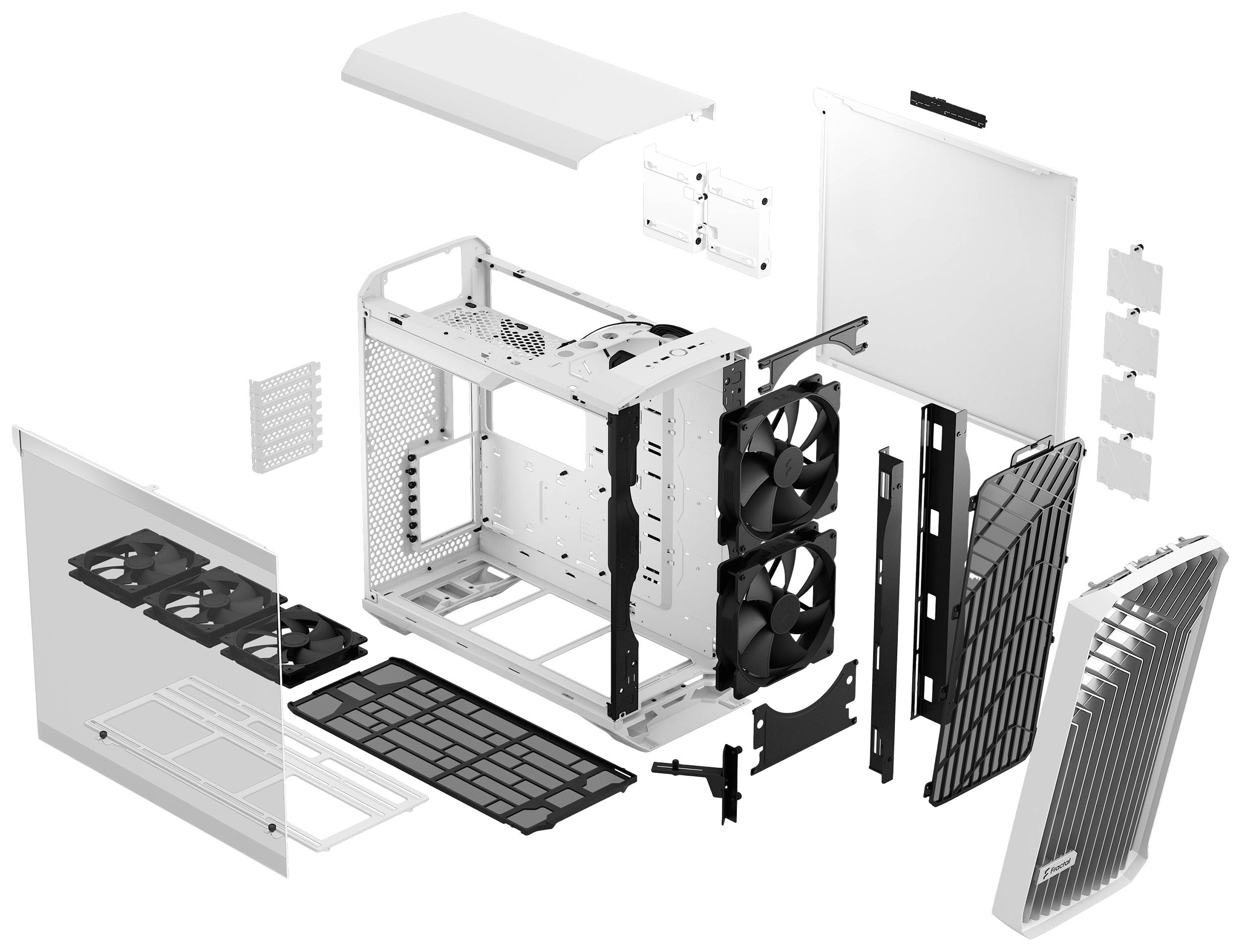 Rozložená počítačová skrinka so zobrazenými jednotlivými komponentmi, ako sú ventilátory, bočné panely a rám. Detailný pohľad pre montáž.