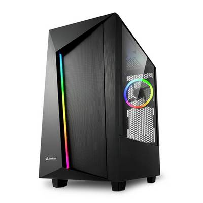 Čierna PC skrinka s RGB podsvietením na prednej strane a osvetleným ventilátorom na boku.