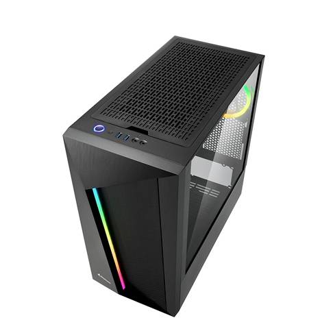 Čierna počítačová skrinka s RGB podsvietením vpredu, bočné sklenené okno, vetranie zhora a konektory na prednej strane.
