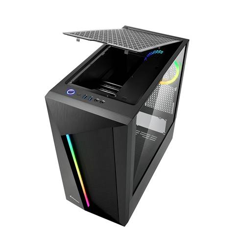 Moderný PC tower s otvoreným krytom, RGB podsvietením na prednej strane a bočným skleneným panelom.
