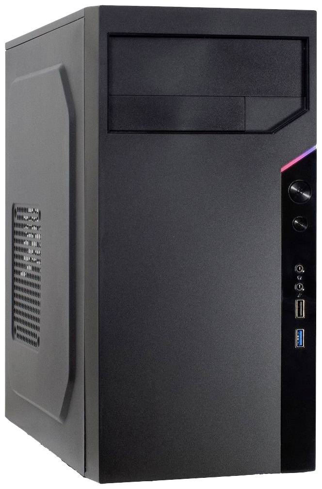 Čierna počítačová skrinka s USB portom a tlačidlami na prednej strane, vhodná pre zostavu stolného počítača.