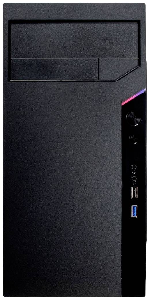Čierna počítačová skrinka s USB portami a vypínačom vpredu. Na hornej strane sa nachádzajú pozície pre optické mechaniky.