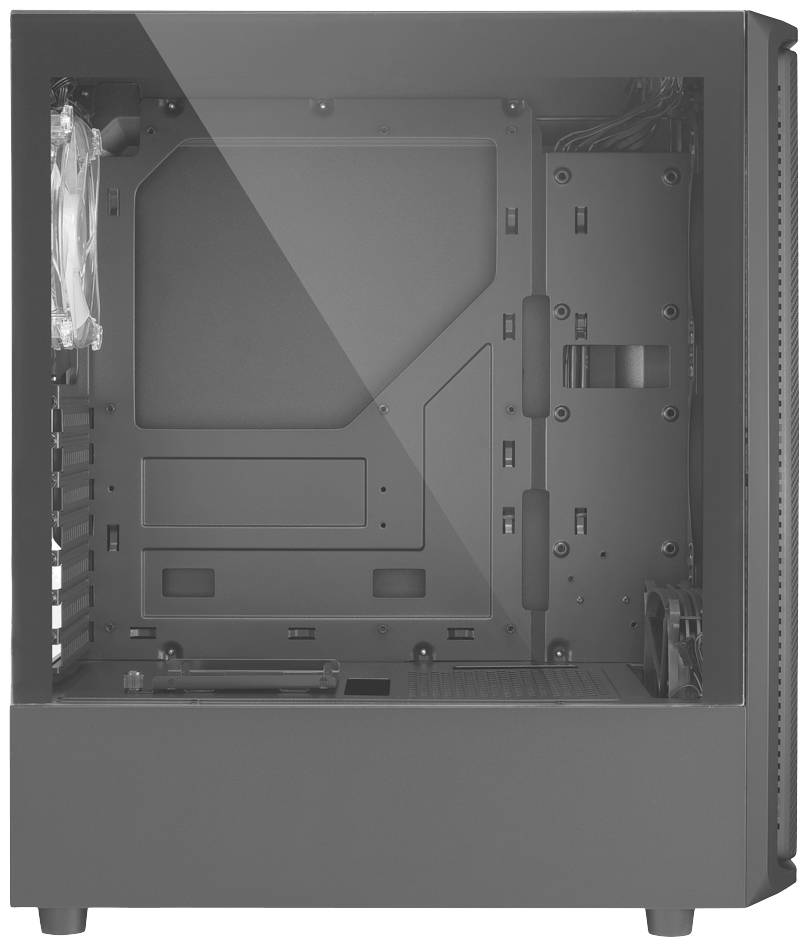 Prázdny počítačový kryt odhaľuje vnútorný priestor s miestom pre základnú dosku, mechaniky a ventilátory. Čierny s priehľadným bočným panelom.