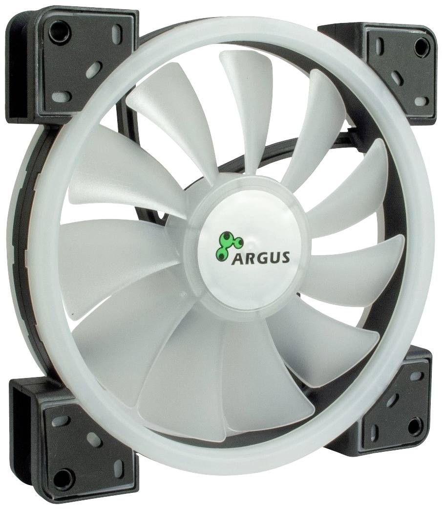 Guľatý počítačový ventilátor s bielym krytom a ôsmimi lopatkami, so značkou 'Argus' v strede. Ideálny na chladenie elektroniky.