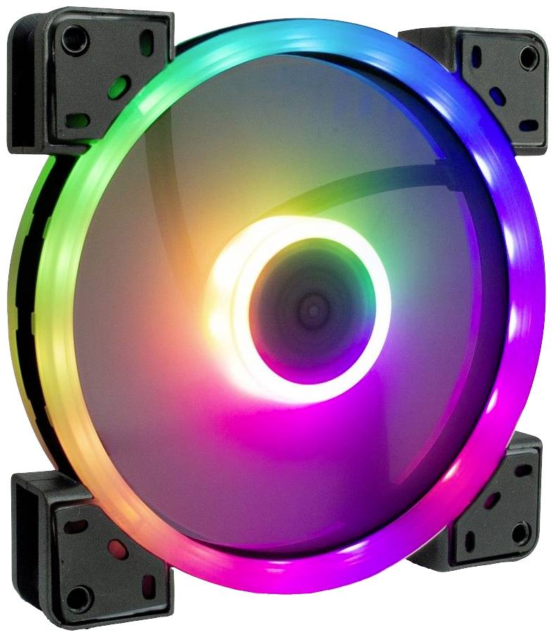 Počítačový ventilátor s RGB podsvietením, ktorý svieti v dúhových farbách, s centrálnym nábojom.