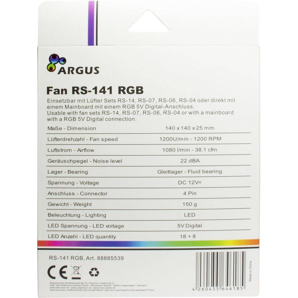 Zadná strana obalu RGB ventilátora Argus RS-141 s technickými špecifikáciami, ako sú otáčky ventilátora, úroveň hluku a počet LED diód.