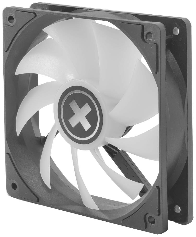 Biely počítačový ventilátor so siedmimi lopatkami, namontovaný v čiernom ráme. Primárne používaný na chladenie počítačových skríň.