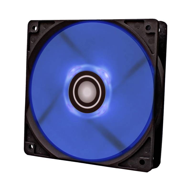 Počítačový ventilátor so štvorcovým tvarom a modrým LED podsvietením, viditeľný spredu, namontovaný v čiernom ráme.