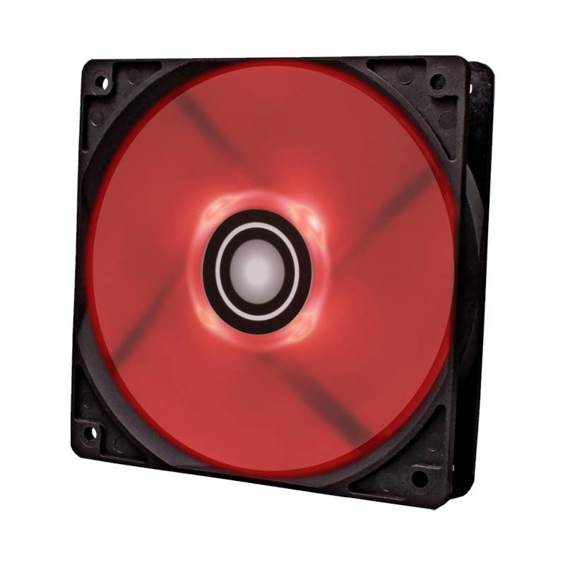 Červený LED PC ventilátor v čiernom kryte, svieti jasne.