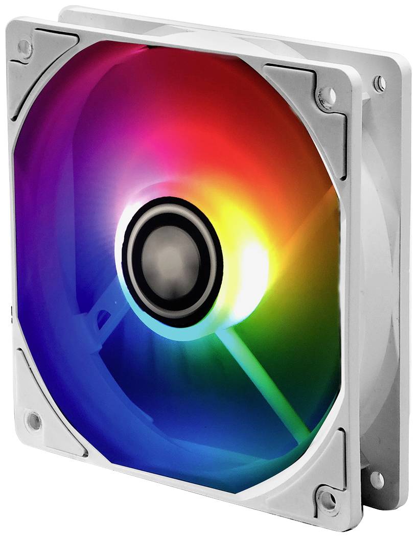 Počítačový vetrák v kruhovo tvarovanom dizajne s RGB podsvietením, ktorý svieti v rôznych farbách.