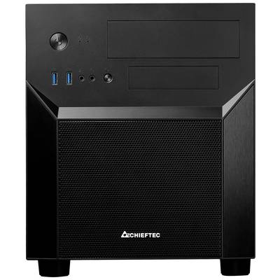 Čierna počítačová skrinka značky Chieftec s dvoma USB portami a zvukovými konektormi na prednej strane.