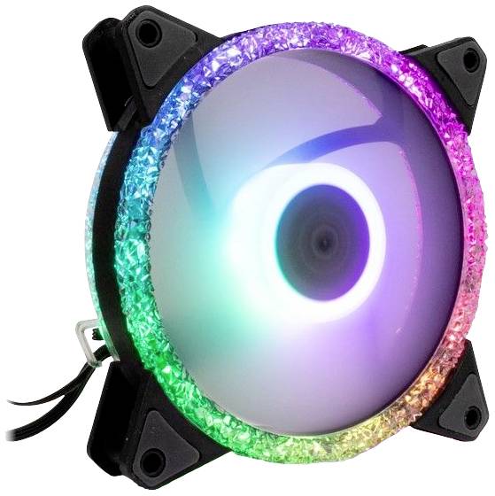 Počítačový ventilátor s RGB podsvietením, ktorý svieti v dúhových farbách. Má čierne šasi a je určený na chladenie.