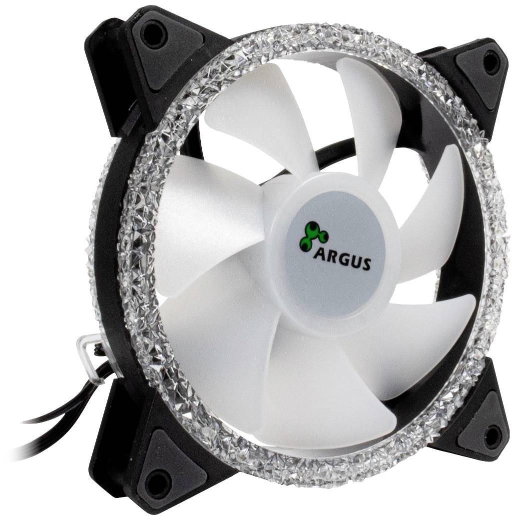 Počítačový chladiaci ventilátor s priehľadným krytom a bielymi lopatkami. Značka 'ARGUS', dekoratívny okraj s trblietavým efektom.