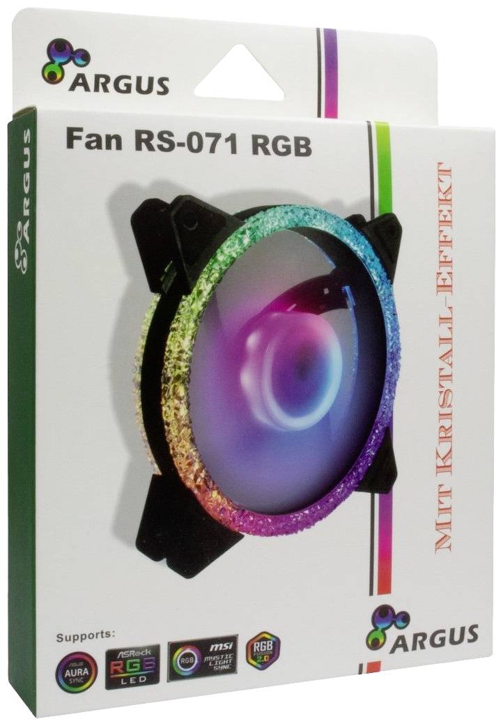 Obal 'Argus Fan RS-071 RGB' s krištáľovo sfarbeným ventilátorom, RGB LED diódami a textom 'S krištáľovým efektom' na boku.