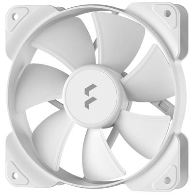 Biely počítačový ventilátor so šiestimi rotačnými listami v štvorcovom ráme.