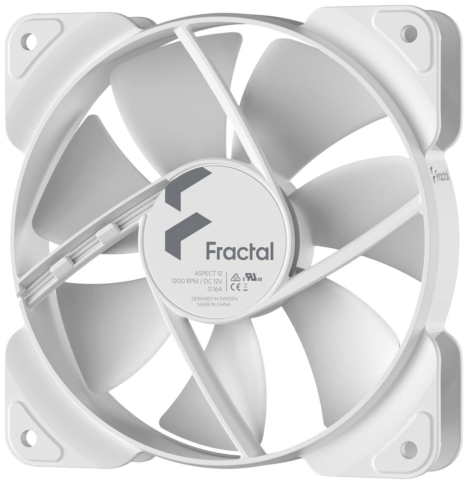 Biely počítačový ventilátor 'Fractal', model Aspect 12, 120 mm, 1200 ot./min., DC 12V, štvorcový dizajn so zakrivený mi krídlami.