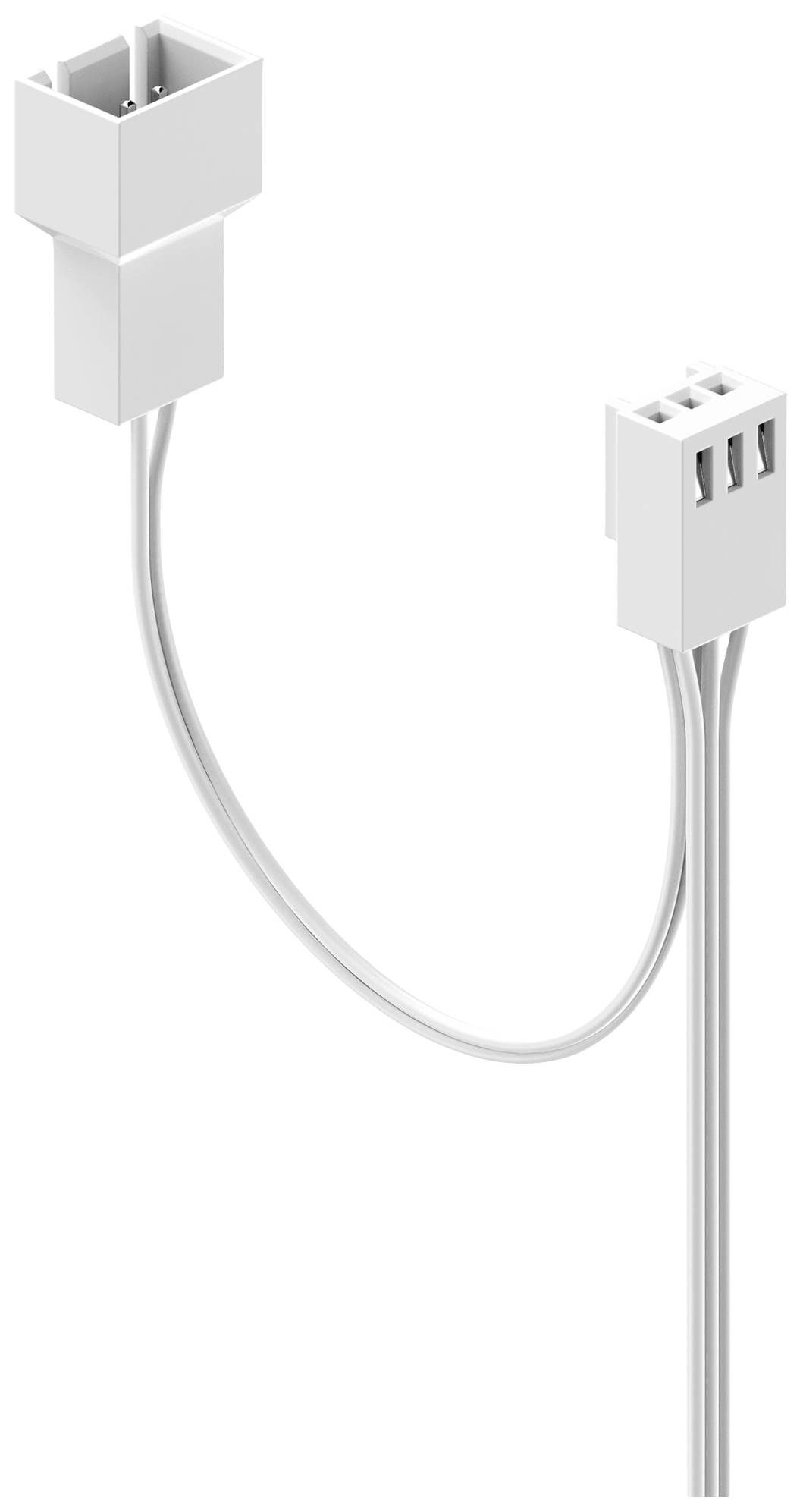 Dva biele elektrické konektory sú prepojené tenkým káblom.