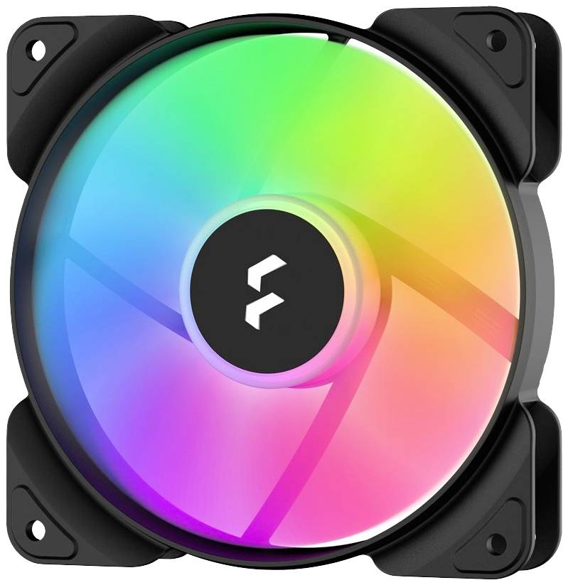 Farebný RGB počítačový ventilátor s čiernym rámom, ktorý žiari v dúhových farbách. Ideálny pre chladenie počítača a vizuálne efekty.