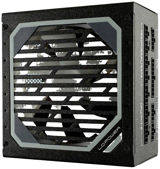 Čierna počítačová napájacia jednotka s ventilátorom v mriežkovom kryte, označená nápisom 'LC POWER'. Má modulárne konektory.