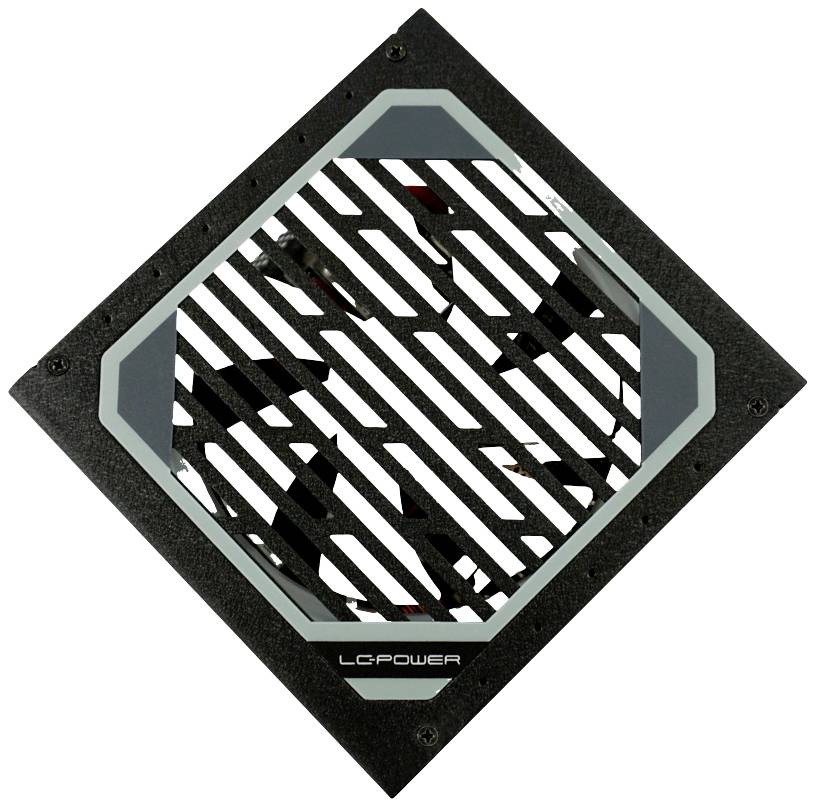 Na obrázku je čiernosivý ventilátor značky LC-Power v diagonálnom pohľade, chránený mriežkou.