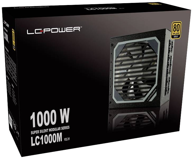 Balenie LC-Power napájacieho zdroja, model LC1000M, 1000 W, Super Silent modulová séria, certifikácia 80 Plus Gold.