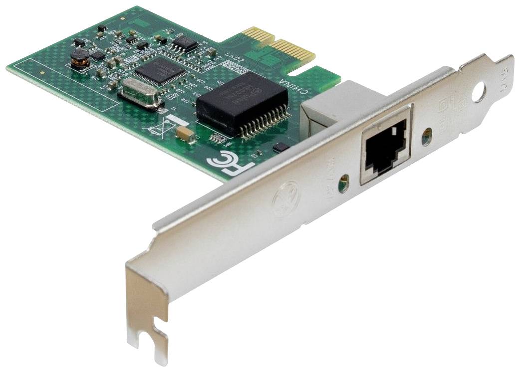 Zelená sieťová adaptérová karta s čipmi a ethernetovým portom, ktorá sa používa v rozširujúcom slote počítača.