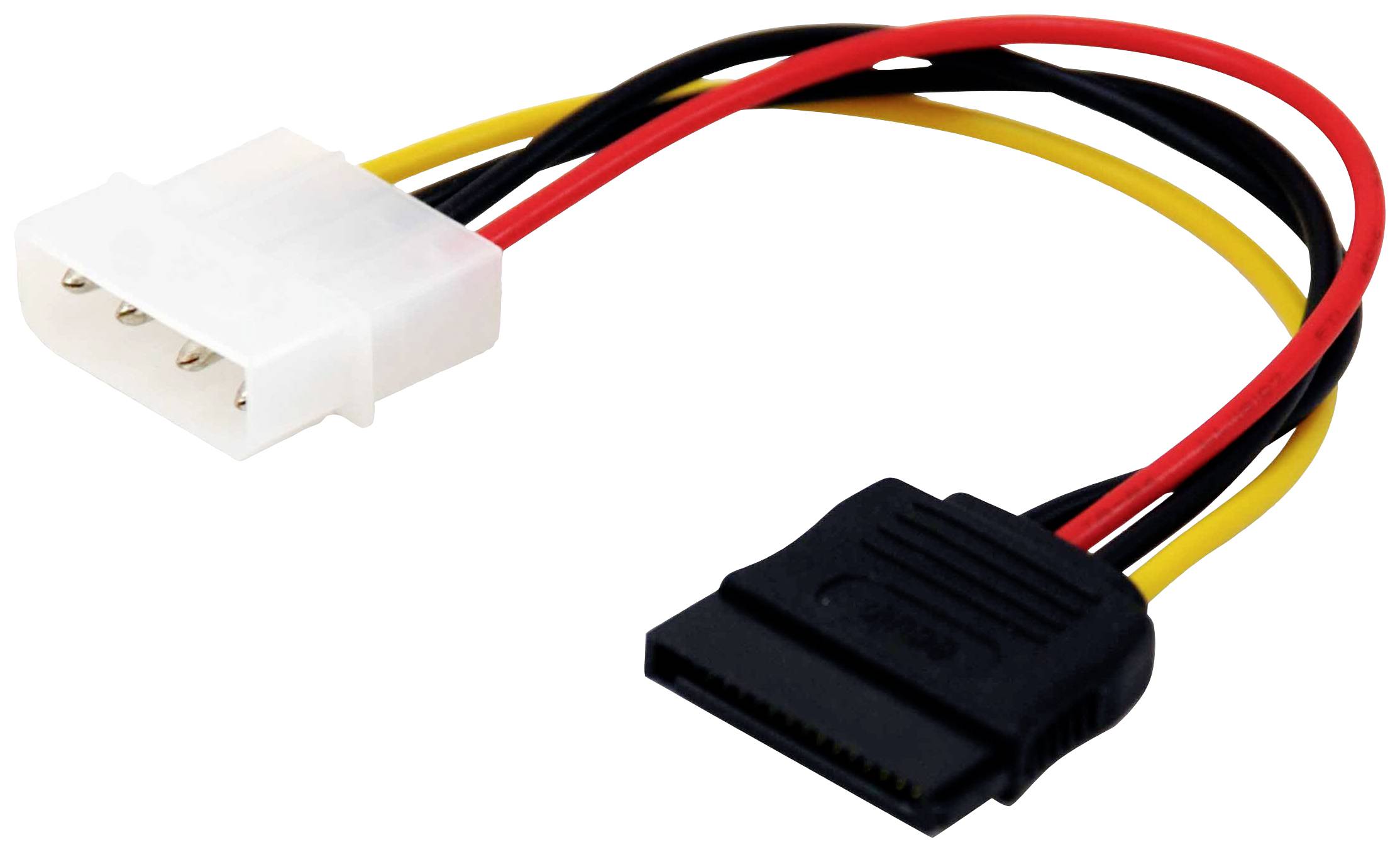 Napájací adaptérový kábel s bielou 4-pinovou Molex zástrčkou a čiernym SATA napájacím konektorom, používaný pre počítačové komponenty.