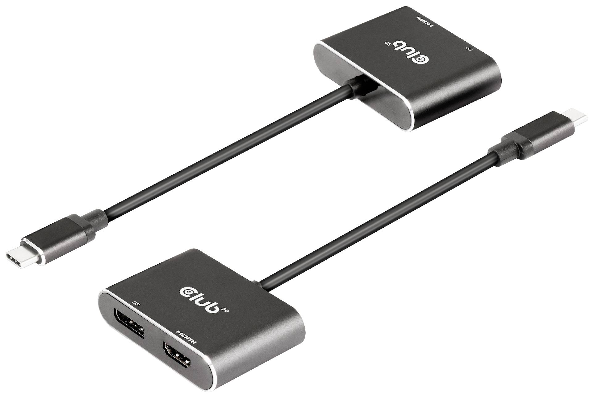 USB-C adaptér s dvoma HDMI portami, umožňuje pripojenie viacerých monitorov k jednému zariadeniu. Kompaktný dizajn v striebornej farbe.