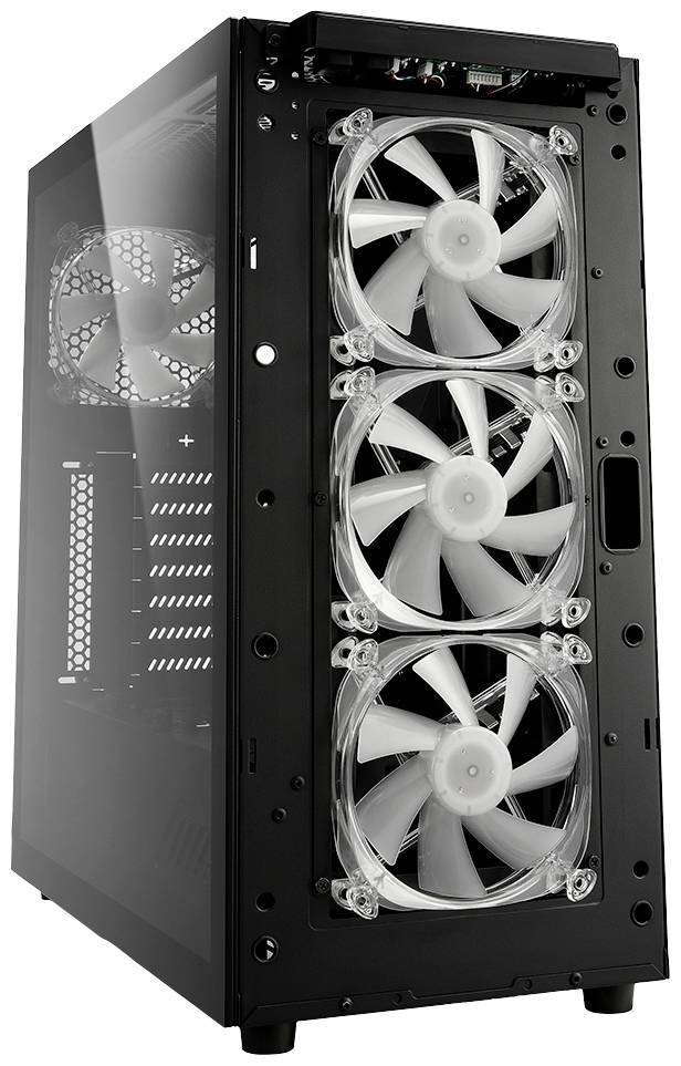 Čierna počítačová skrinka s tromi veľkými priehľadnými ventilátormi na prednej strane. Kryt je čiastočne vyrobený zo skla.
