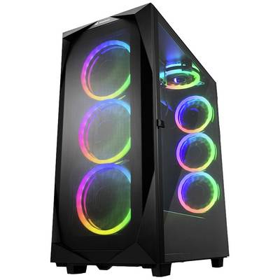Čierny počítačový tower s priehľadným predným a bočným krytom, vybavený svietiacimi RGB vetrákmi.