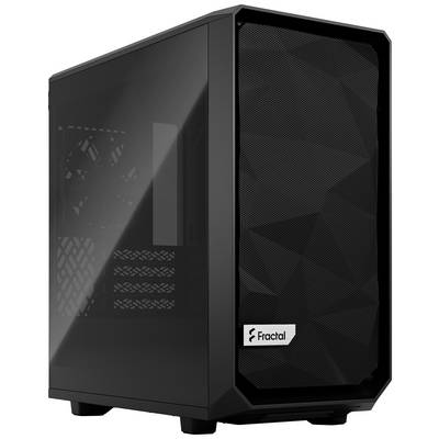Čierna PC skrinka 'Fractal' s mriežkovaným predným krytom a priehľadným bočným oknom. Moderný a minimalistický dizajn.