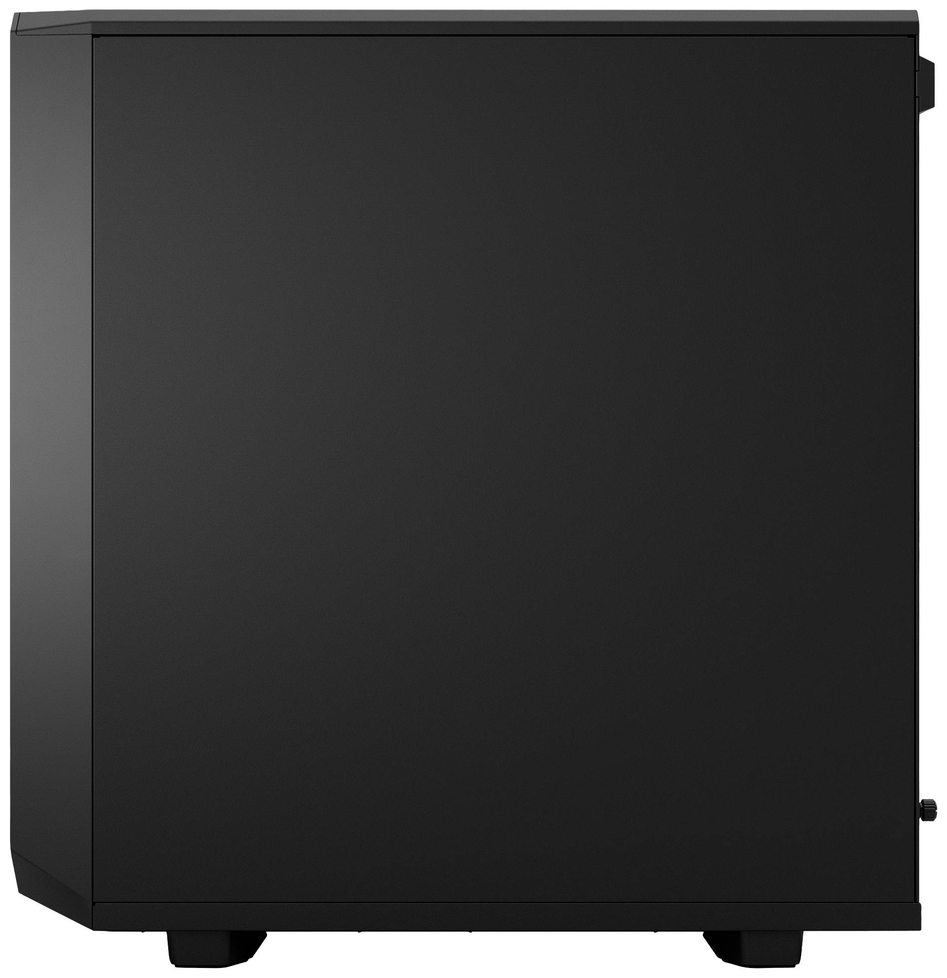 Čierna PC skrinka, pohľad z boku, bez viditeľných portov alebo prvkov, minimalistický dizajn.