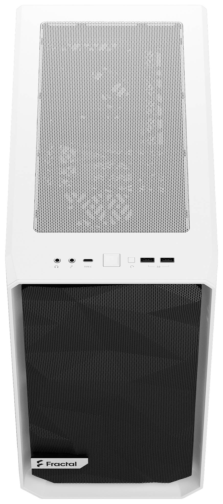 Biela počítačová skrinka s šedým mriežkovaným vrškom, dvomi USB portami a logom Fractal v spodnej časti.