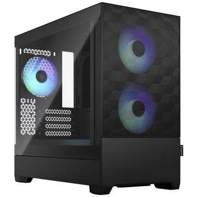 Čierny počítačový veža so sklenenou bočnou stenou a dvoma svietiacimi RGB vetrákami vpredu. Vhodný pre hráčov a nadšencov PC.