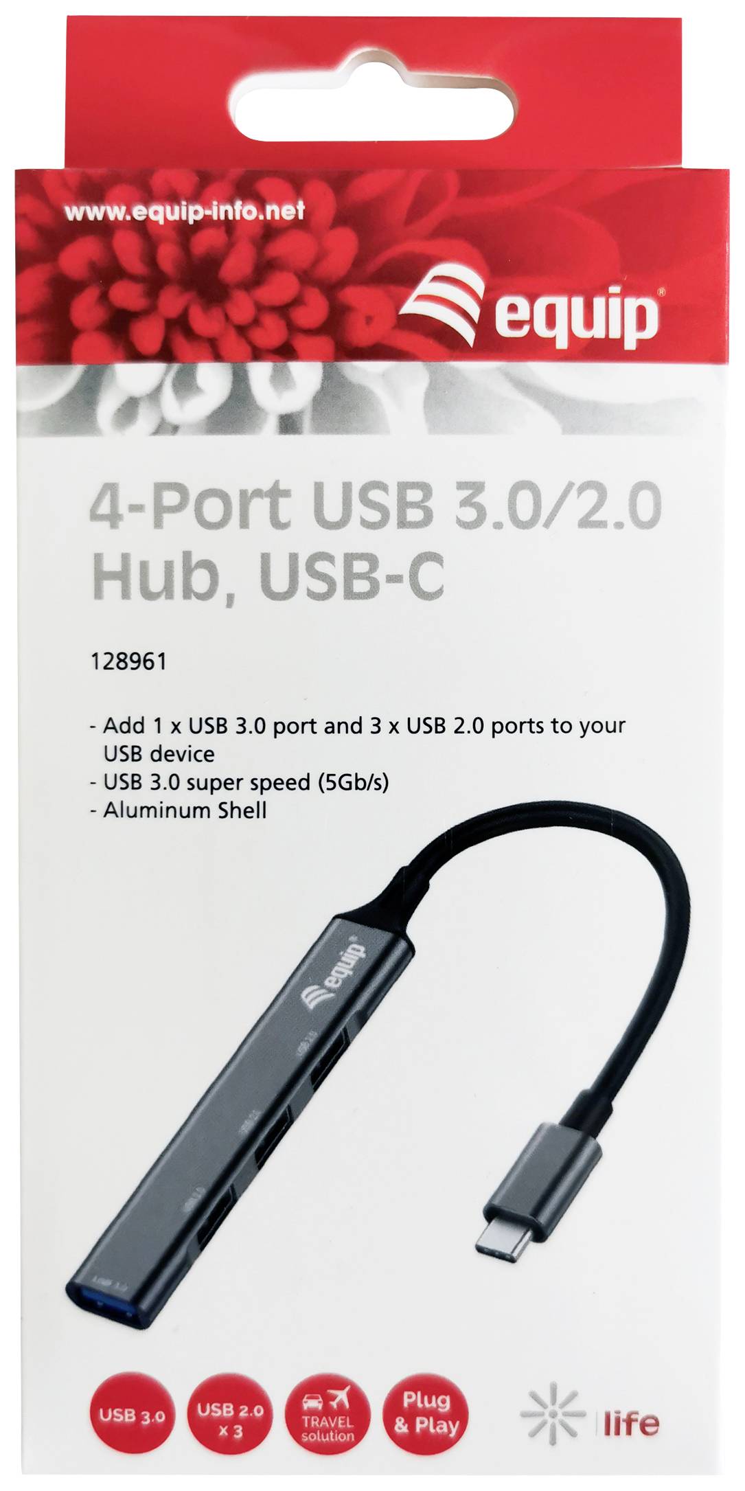'4-portový USB 3.0/2.0 hub, USB-C' balenie. Zobrazuje štíhly hliníkový hub s tromi USB 2.0 a jedným USB 3.0 portom.