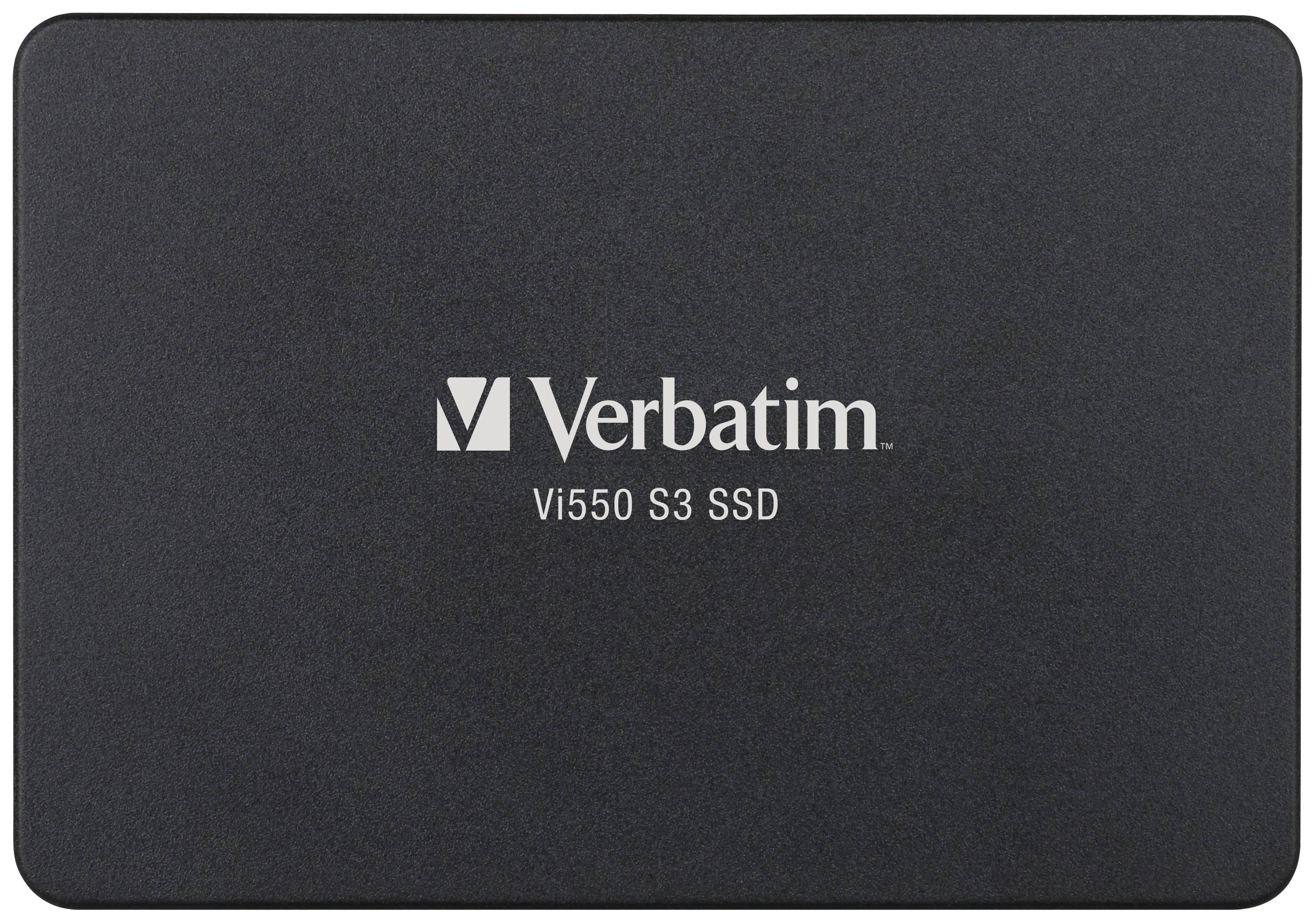 Externý SSD disk od Verbatimu, model Vi550 S3, zobrazený na čiernom púzdre.