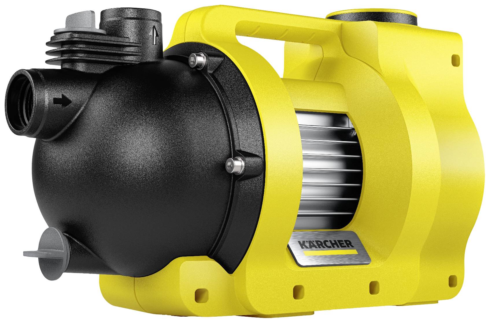 Žltá vodná pumpa s čiernym krytom, dvoma prípojkami a rukoväťou na vrchu. Na boku je viditeľný firemný názov 'Karcher'.