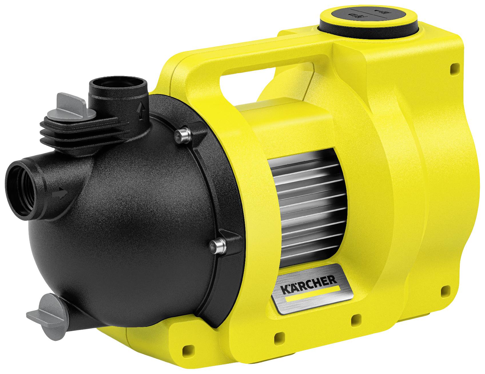 Žltá vodná pumpa so čiernym ventilom a sivým motorom od Kärcher, určená na transport vody v dome a záhrade.