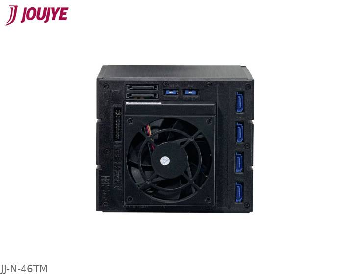 Čierne elektrické zariadenie s ventilátorom a niekoľkými USB portami vpredu. Vľavo hore logo 'JOUJYE'. Označenie modelu: JJ-N-46TM.