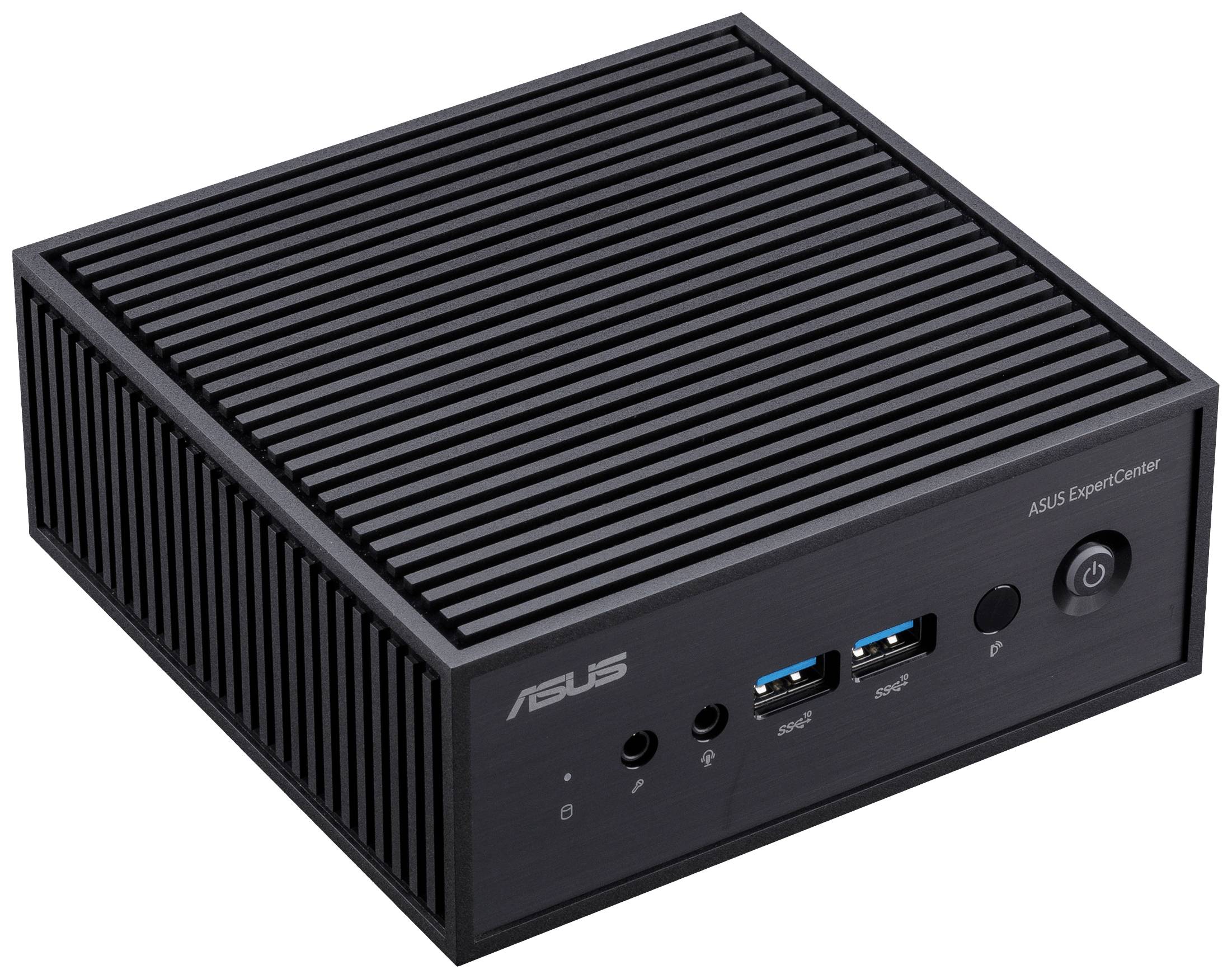 Čierny ASUS mini počítač s viacerými USB portami a vetracími otvormi.