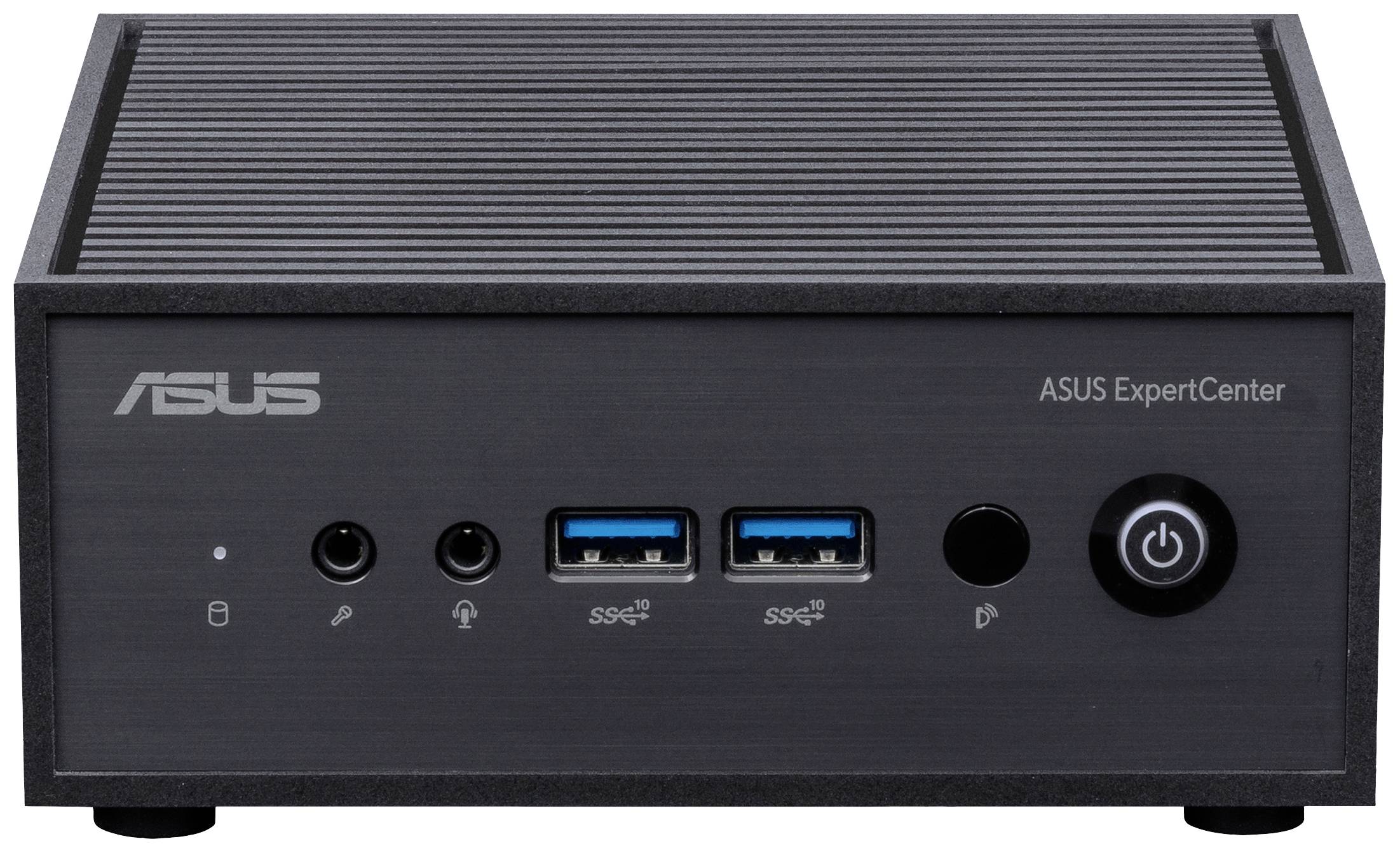 Čierny minipočítač Asus ExpertCenter s dvoma USB portami, audio konektormi a sieťovým tlačidlom na prednej strane.