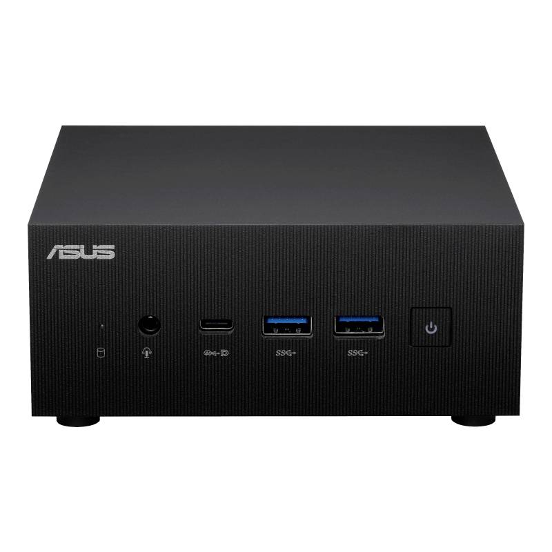 Kompaktný, čierny ASUS mini počítač s viacerými portami na prednej strane, vrátane USB a audio konektorov, ako aj sieťového vypínača.