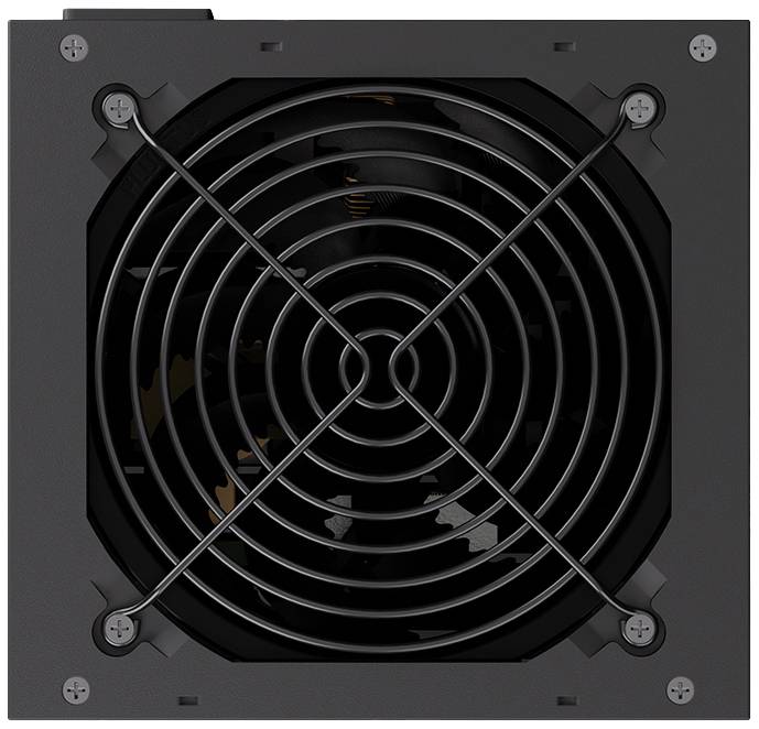 Čierna počítačová napájacia jednotka s mriežkou na ventilátore. Za mriežkou sú viditeľné chladiace komponenty.