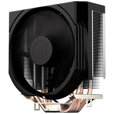 Čierny chladič CPU s veľkým ventilátorom a medenými tepelnými rúrkami, namontovaný na chladiacej doske.