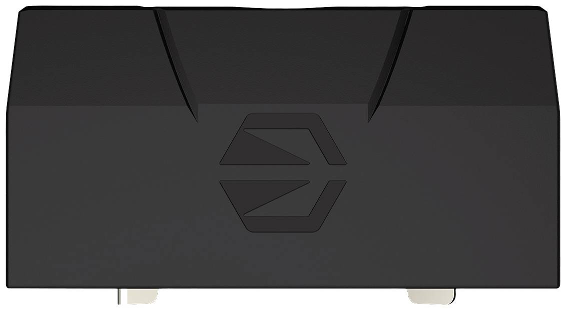 Čierny plastový stojan so vstavaným geometrickým logom uprostred. Minimalistický dizajn na neutrálnom pozadí.