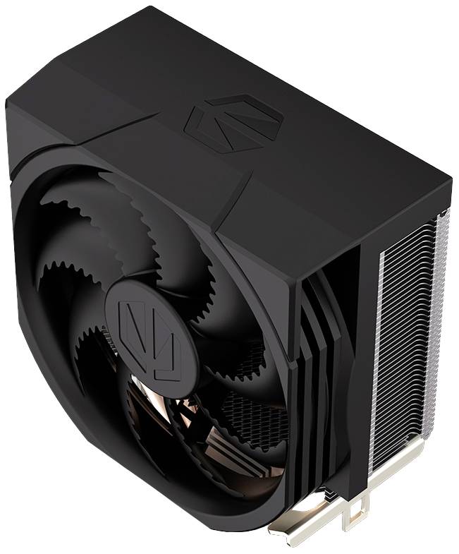 Veľký čierny CPU ventilátor so špirálovitými lopatkami a chladiacimi rebrami, vhodný pre chladiace systémy počítačov.