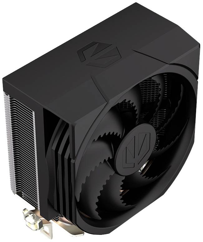 Čierny chladič CPU s veľkým ventilátorom v strede a chladiacimi rebrami po stranách, vhodný pre stolové počítače.