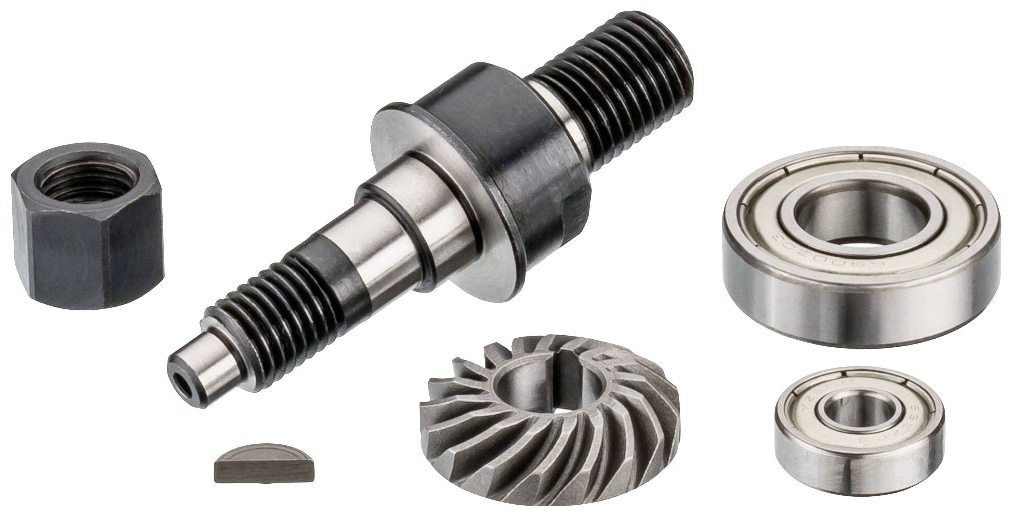 Rôzne kovové strojové diely sú usporiadané: skrutky, ložiská a ozubené koleso. Ukazujú komponenty mechaniky.